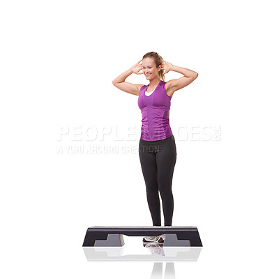 Buy stock photo Aerobics, fitness and woman with exercise, stretching and wellness isolated on a white studio background. Person, model and girl with workout, healthy and training with routine, weight loss and smile
