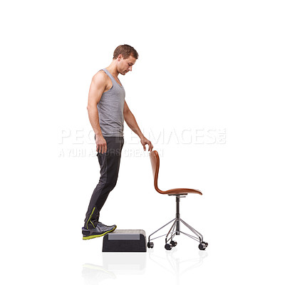Buy stock photo Fitness, chair and young man in studio for health, wellness and body workout with step. Sports, equipment and male athlete training muscles with leg exercise for strength isolated by white background