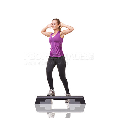 Buy stock photo Aerobics, fitness and woman with exercise, smile and wellness isolated on a white studio background. Person, model and balance with workout, healthy and training with routine, weight loss and cardio