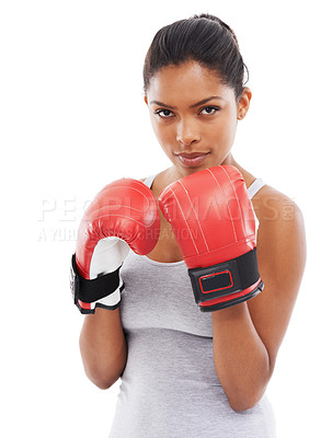 Buy stock photo Portrait, boxer and fight with woman, sports and exercise isolated on a white studio background. Face, person and challenge with wellness, boxing and mma training with impact, energy or strong muscle