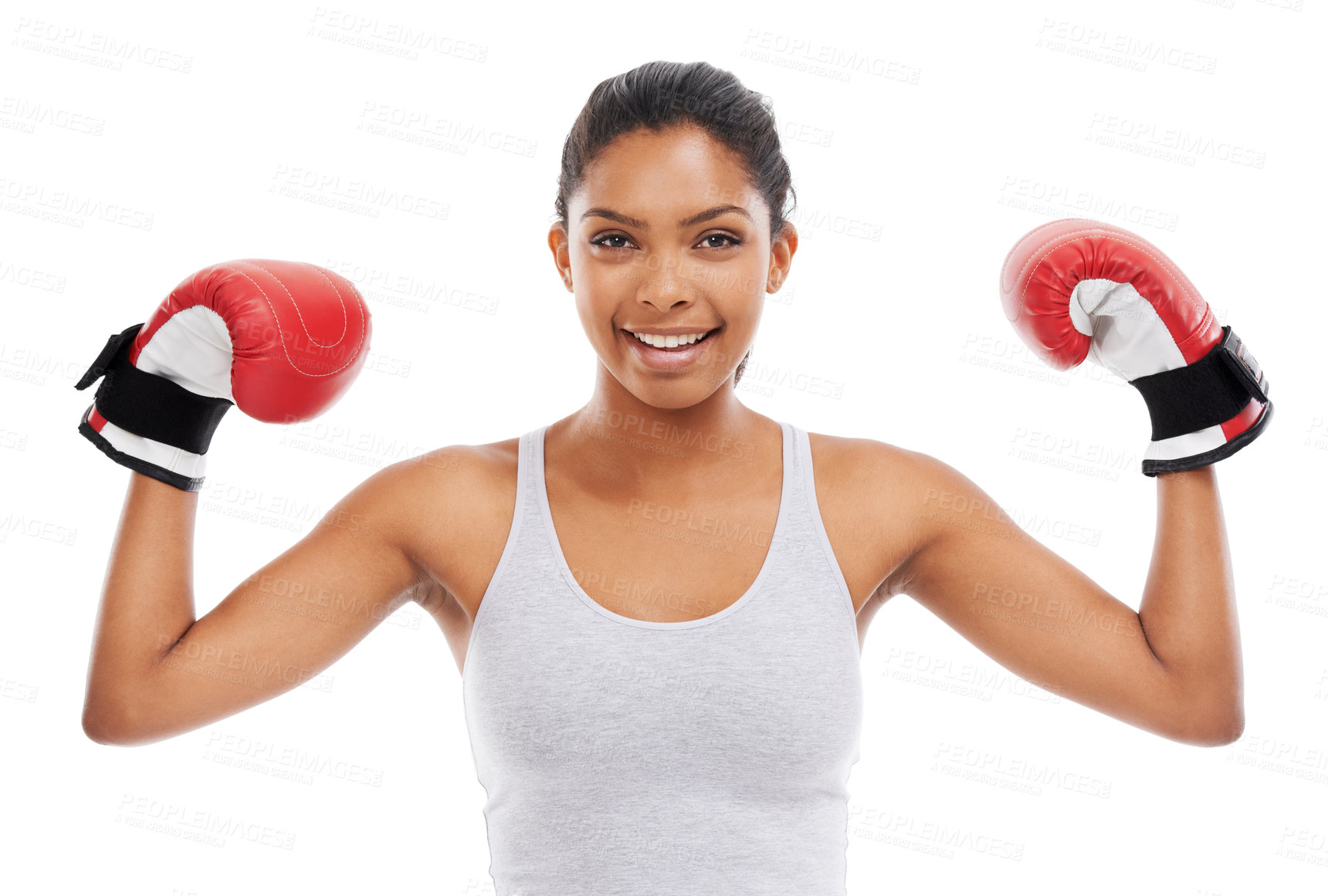 Buy stock photo Portrait, boxer and fight with woman, flexing and exercise isolated on white studio background. Face, person and challenge with wellness, boxing and mma training with fitness, energy or strong muscle