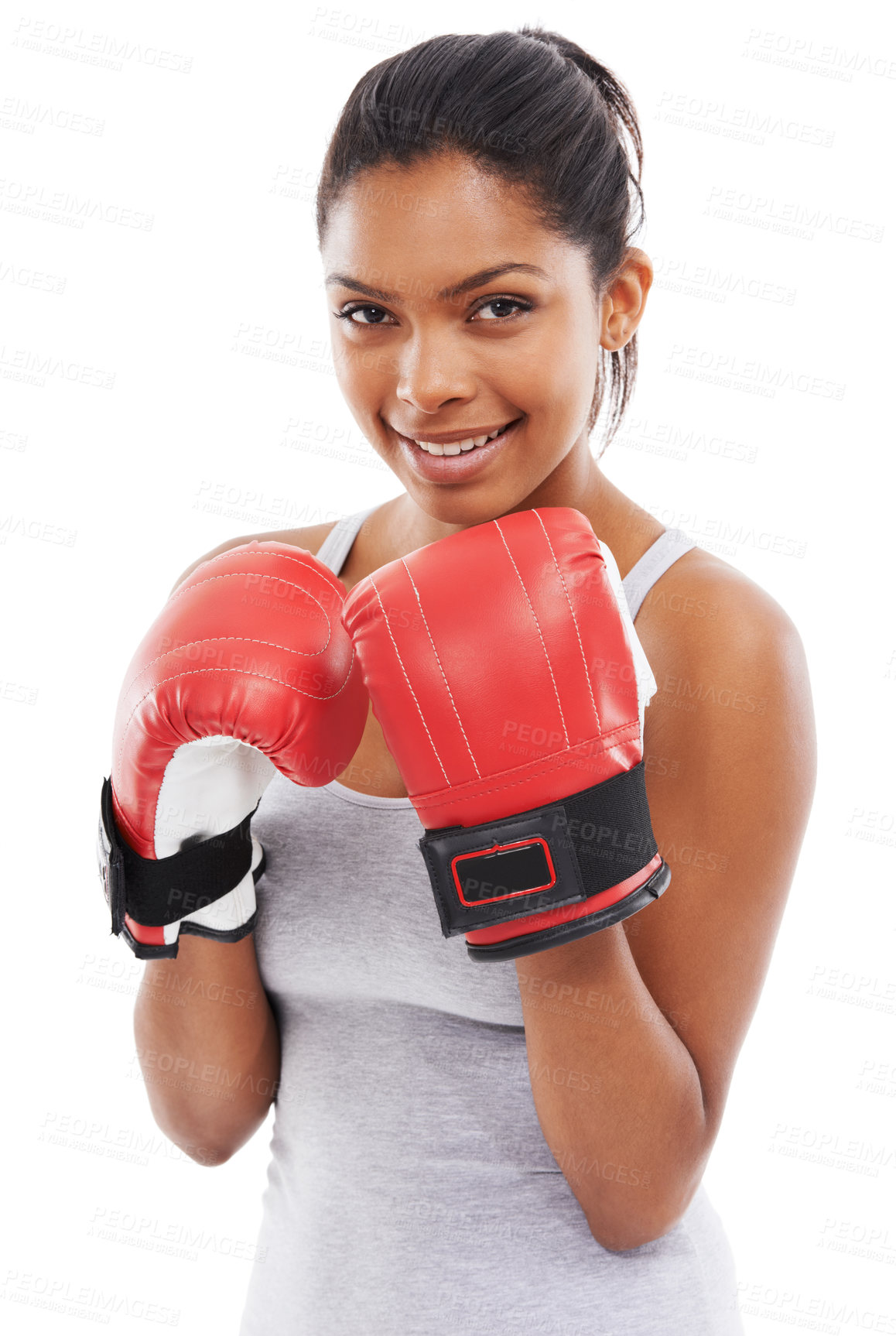 Buy stock photo Portrait, boxer and fight with woman, smile and exercise isolated on a white studio background. Face, person and challenge with wellness, boxing and mma training with fitness, energy or strong muscle