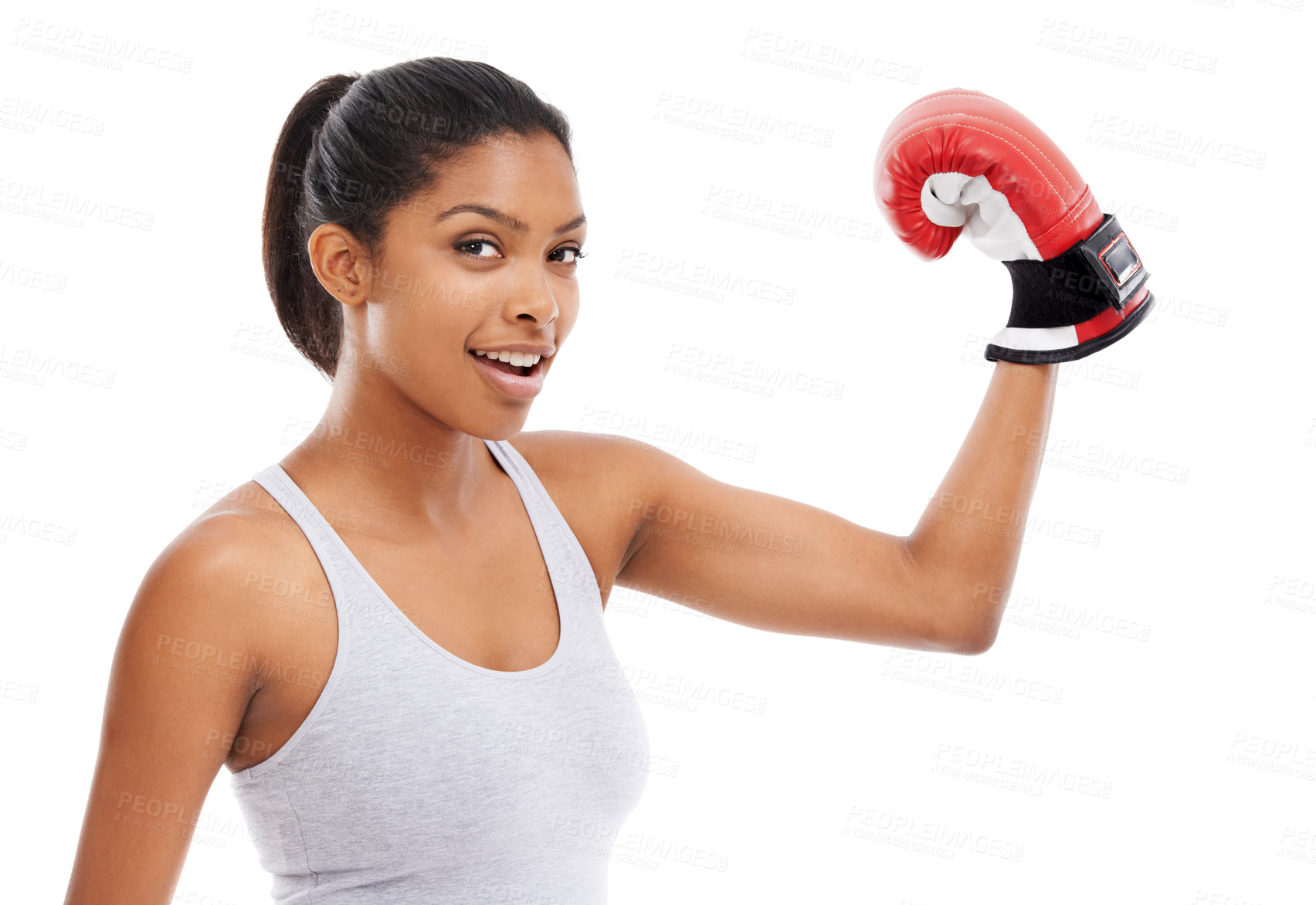 Buy stock photo Portrait, boxer and flexing with woman, sports and exercise isolated on white studio background. Face, person and challenge with boxing, fighting and mma training with impact, energy or strong muscle