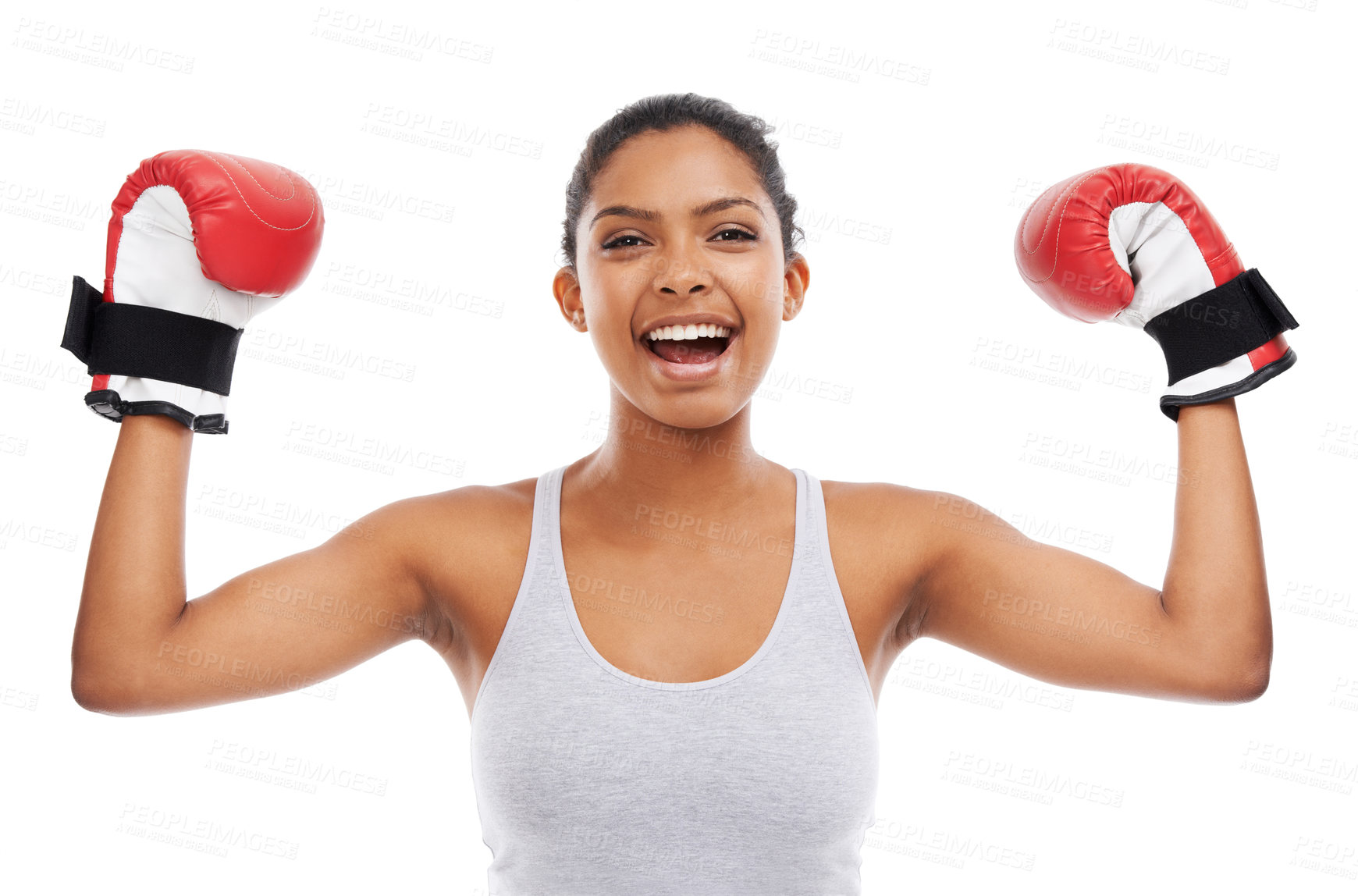 Buy stock photo A gorgeous young woman wearing boxing gloves