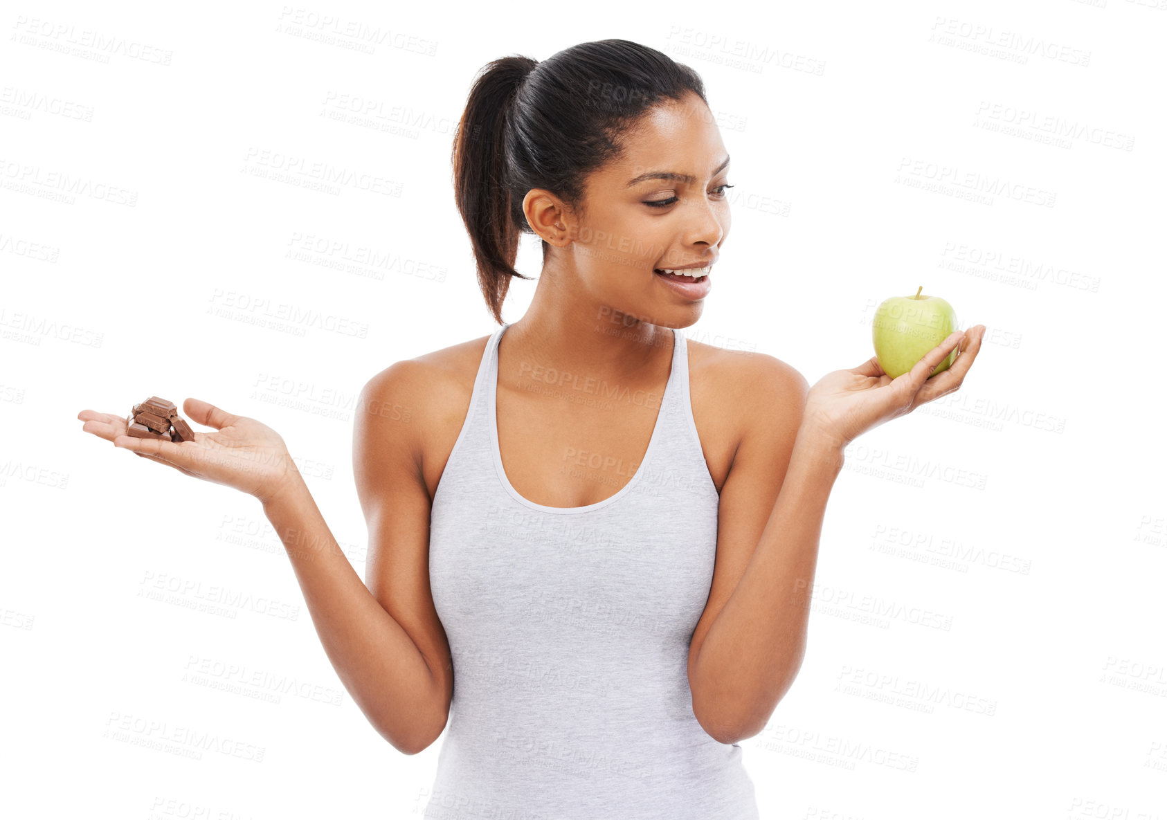 Buy stock photo Man, apple and chocolate for healthy food choice or thinking of diet on a white background. African person with sweets versus green fruit in palm for detox decision or lose weight challenge in studio