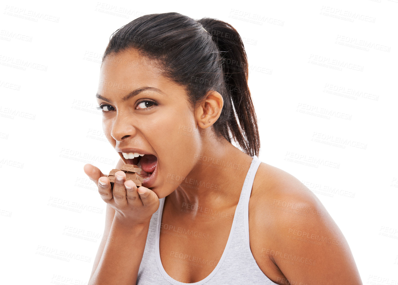 Buy stock photo Portrait, diet and woman with chocolate, eating and wellness isolated on a white studio background. Face, person and model with candy, hungry and unhealthy snack with mockup space, nutrition and food