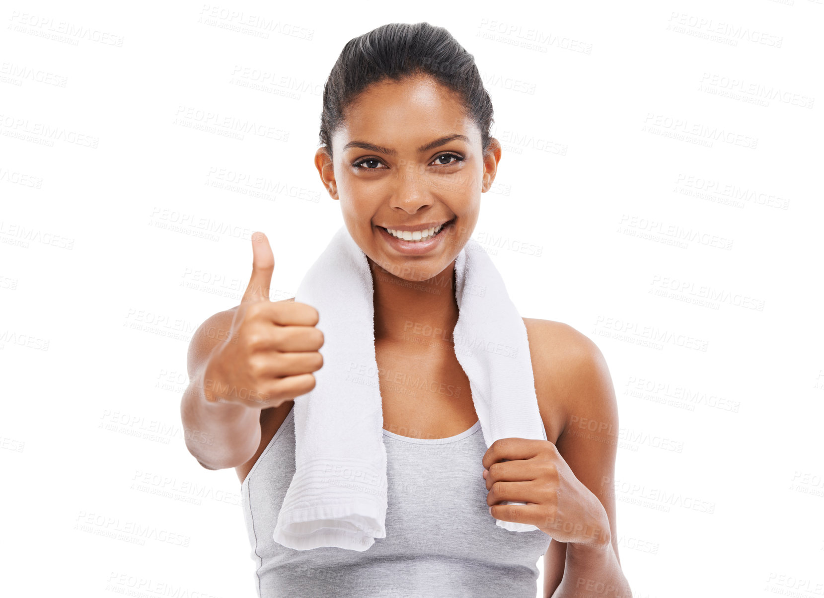 Buy stock photo Fitness, thumbs up and woman in studio for training success, exercise achievement and winning hands or like emoji. Portrait, sports model and yes, okay or happy workout results on a white background