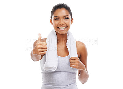 Buy stock photo Exercise, thumbs up and woman in studio for training success, fitness achievement and winning hands or like emoji. Portrait, sports model and yes, okay or happy workout results on a white background