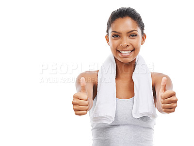 Buy stock photo Fitness, thumbs up and woman in portrait for training success, workout achievement and winning hands in studio.  Happy model and yes, OK and happy workout results or like emoji on a white background