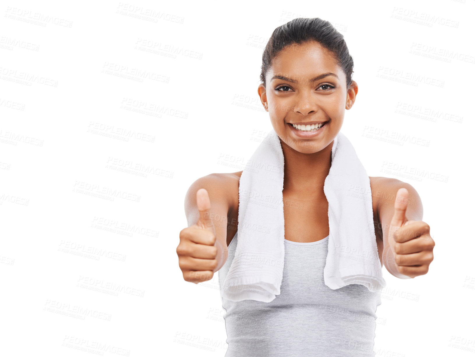 Buy stock photo Fitness, thumbs up and woman in portrait for training success, workout achievement and winning hands in studio.  Happy model and yes, OK and happy workout results or like emoji on a white background