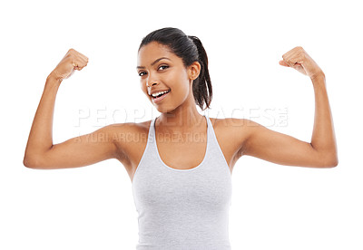 Buy stock photo Flexing arms, portrait and woman with fitness, strong muscle and wellness isolated on a white studio background. Face, person and model with progress, endurance and healthy with confidence and smile