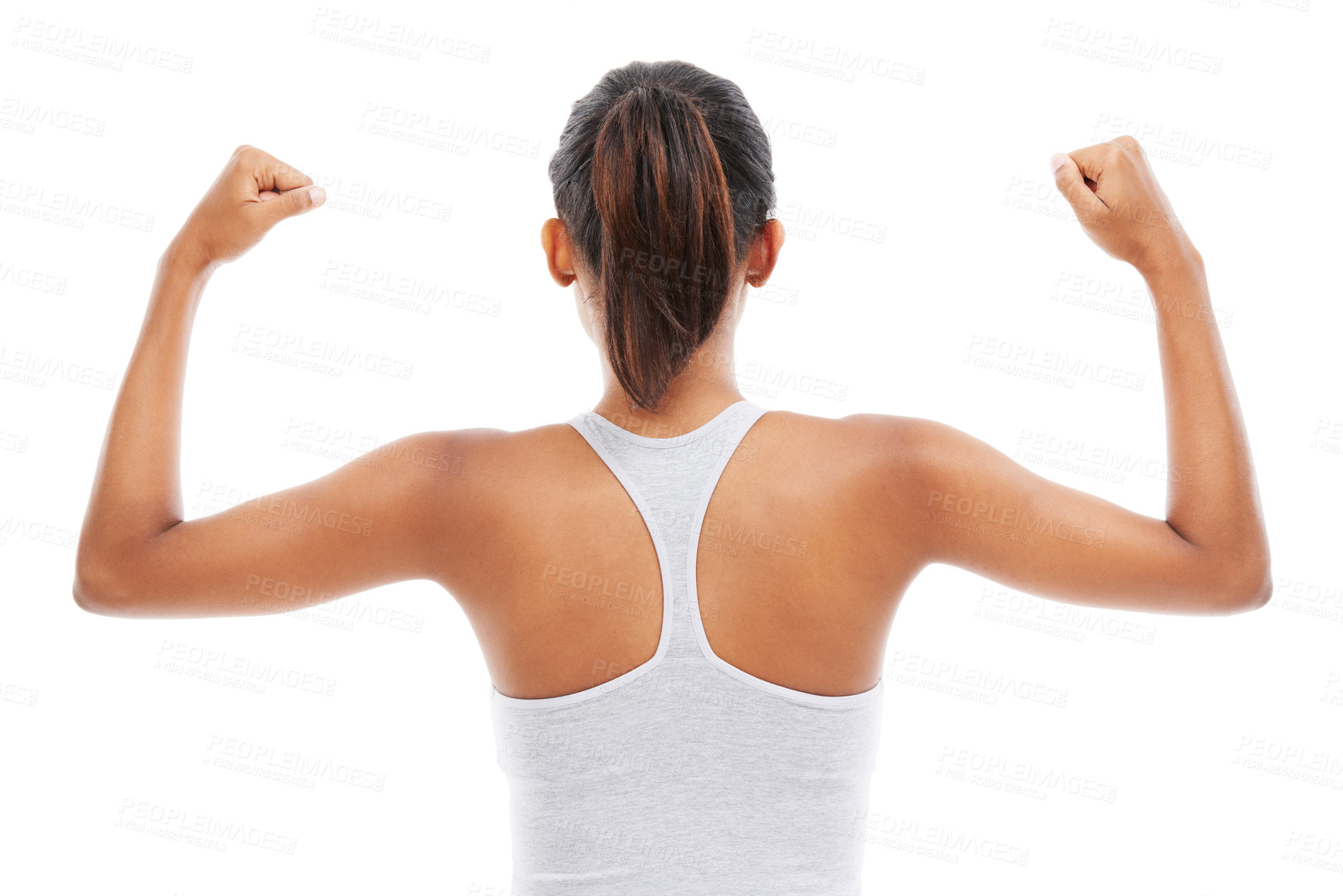 Buy stock photo Flexing arms, back and woman with fitness, strong muscle and wellness isolated on a white studio background. Mockup space, person and model with progress, endurance and healthy with confident girl