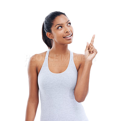 Buy stock photo Pointing up, fitness and woman with promotion, opportunity and wellness isolated on a white studio background. Person, hand gesture and model with exercise, decision and choice with sports or workout