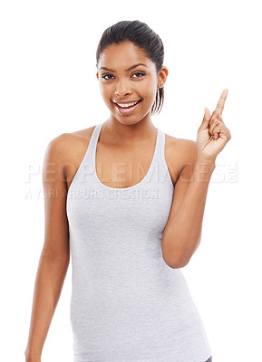 Buy stock photo Pointing up, fitness and woman with promotion, portrait and wellness isolated on a white studio background. Person, hand gesture or model with exercise, decision and choice with sports or opportunity