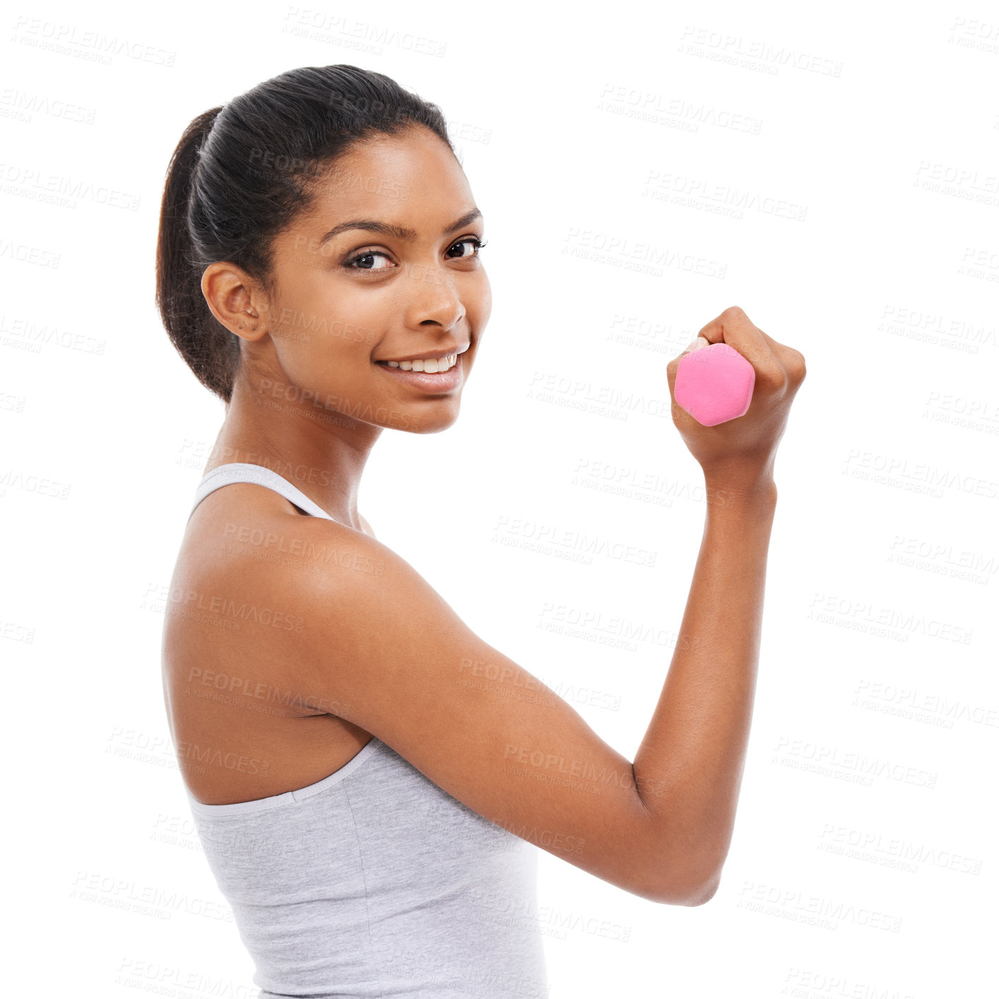 Buy stock photo Fitness, woman and dumbbell in studio portrait for health, exercise and workout or gym power. Face of bodybuilder or happy sports person in training, strong and muscle wellness on a white background