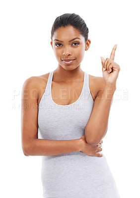 Buy stock photo Pointing up, wellness and woman with promotion, portrait and decision isolated on a white studio background. Person, hand gesture or model with exercise, showing and choice with sports or opportunity