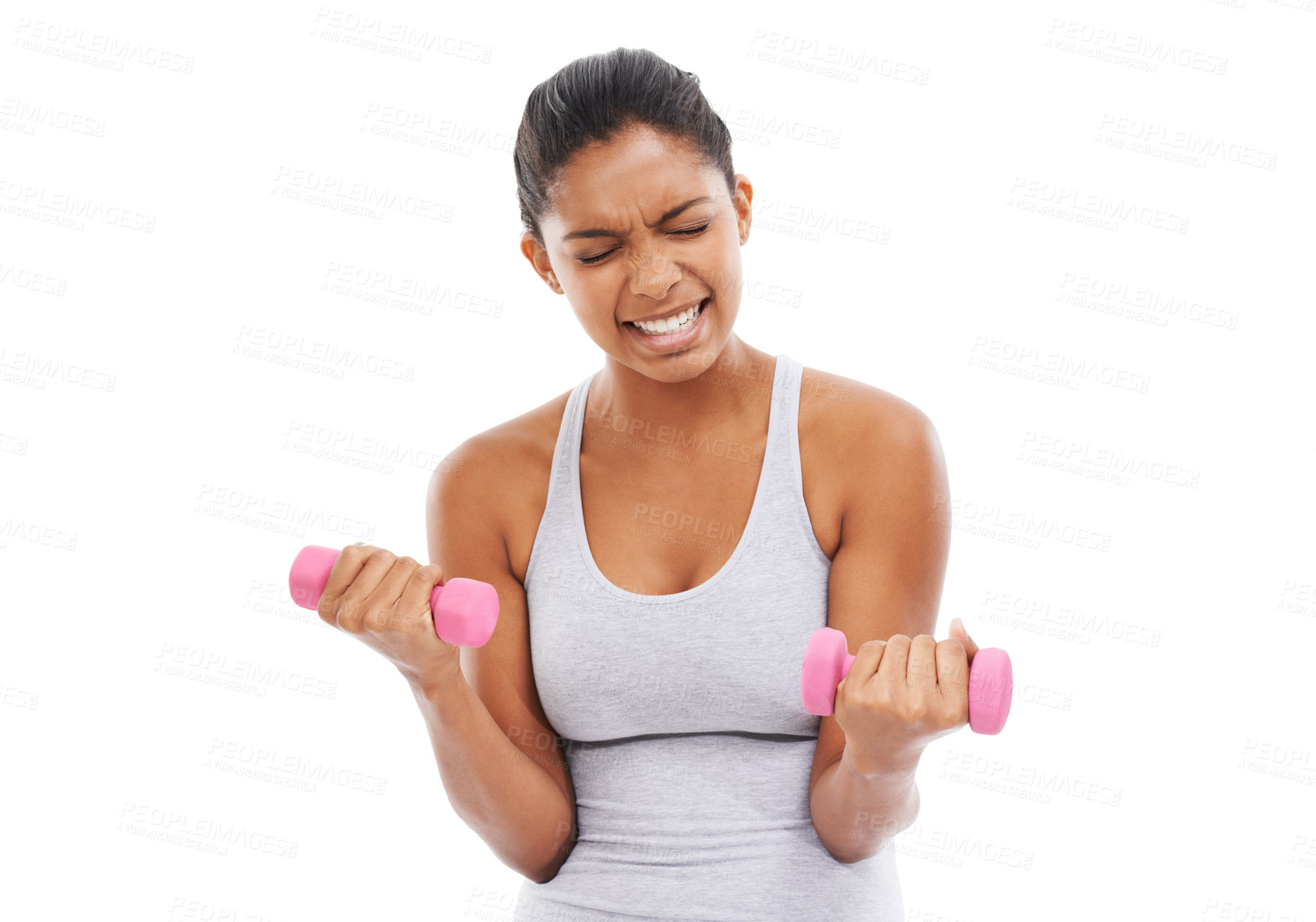 Buy stock photo Woman, struggle and heavy dumbbell for fitness in studio with workout, training and wellness. Weights, female person and athlete with arm muscle and health with white background, exercise and sport