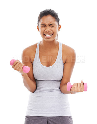 Buy stock photo Woman, struggle and dumbbell for fitness in studio with workout, training and wellness. Weights, female person and athlete with iron, arm muscle and health with white background, exercise and sport