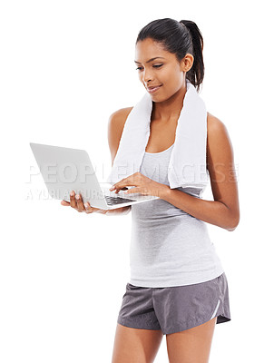 Buy stock photo Fitness, internet and woman with a laptop, healthy and towel isolated on white studio background. Person, girl or model with a computer, technology and online with information, wellness or connection