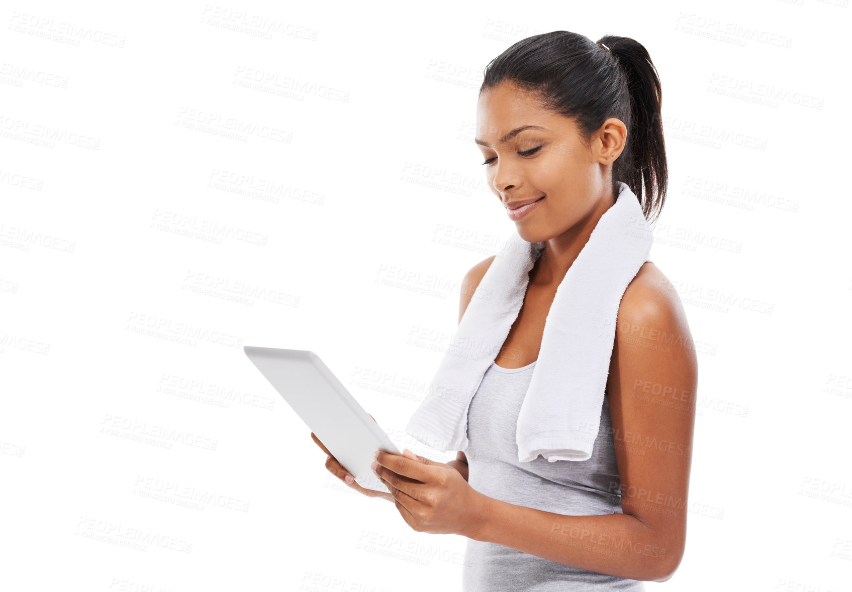 Buy stock photo Exercise, internet and woman with tablet, healthy and smile isolated on a white studio background. Person, girl and model with tech, connection and online with information, wellness, fitness or towel