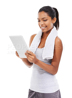 Buy stock photo Fitness, smile and woman with a tablet, typing and exercise isolated on a white studio background. Person, blog and model with digital app, connection or influencer with information, wellness or tech