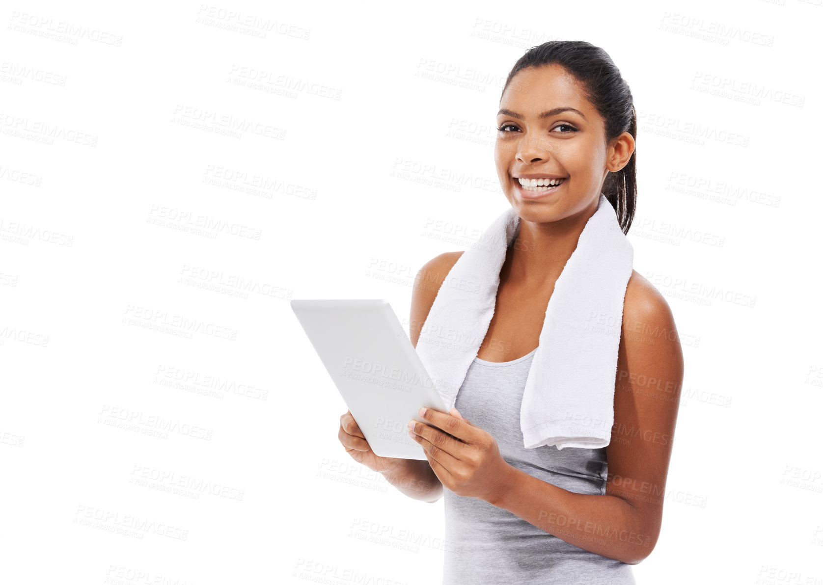 Buy stock photo A young woman in gym clothes working on a digital tablet