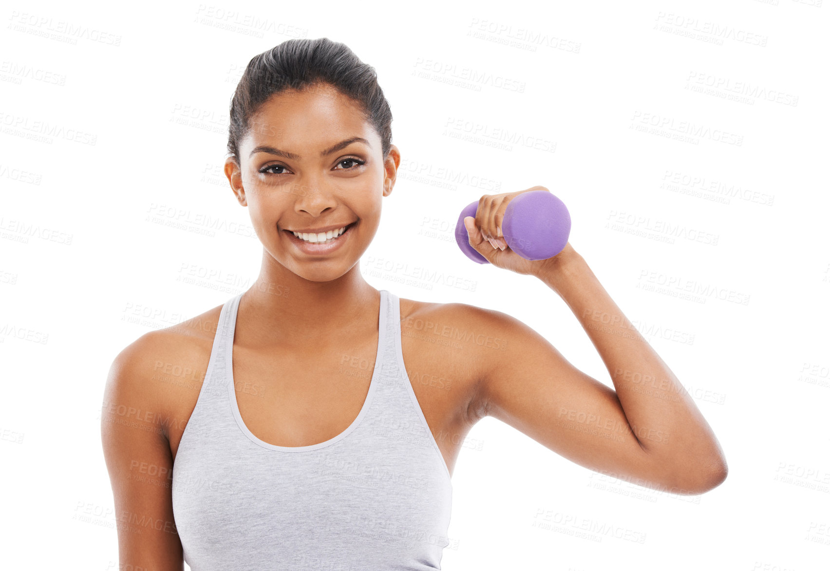 Buy stock photo Woman, portrait and dumbbell for fitness in studio with workout, training and wellness. Weights, female person and athlete with iron, arm muscle and health with white background, exercise and smile