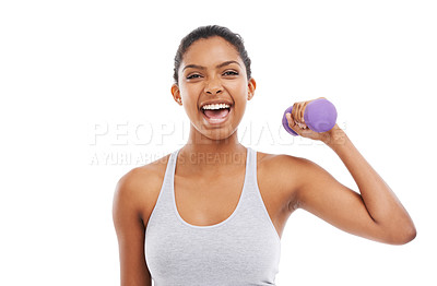 Buy stock photo Woman, excited portrait and dumbbell for fitness in studio with workout, training and wellness. Weights, female person and athlete with iron, arm muscle and health with white background, exercise