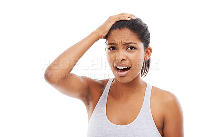 Buy stock photo Shocked, woman and portrait with regret of mistake surprise, wow and frustrated. Disappointed, female person what and omg fail in studio with white background and stress from news and gossip