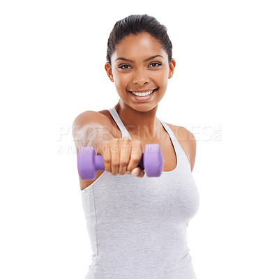 Buy stock photo Exercise, happy woman and dumbbell in studio portrait for health, workout and fitness or gym power. Young bodybuilder or a sports person in training, strong and muscle wellness on a white background