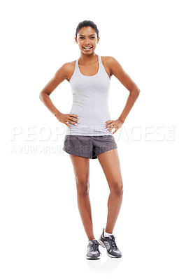 Buy stock photo Portrait of a sporty young woman standing against a white background