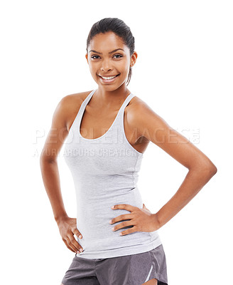 Buy stock photo Woman, portrait and workout with a smile and confidence in a studio for exercise and training. Wellness, happy and female person with fitness and sport of athlete with white background and sportswear
