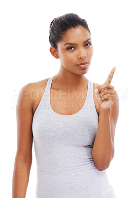 Buy stock photo Pointing up, sports and woman with promotion, portrait and wellness isolated on a white studio background. Person, hand gesture or model with exercise, decision and choice with fitness or opportunity