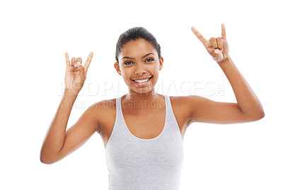 Buy stock photo Excited woman, portrait and rock hands in fitness, health and wellness against a white studio background. Face of Happy female person in gym clothing with sign, emoji or energy for exercise on mockup