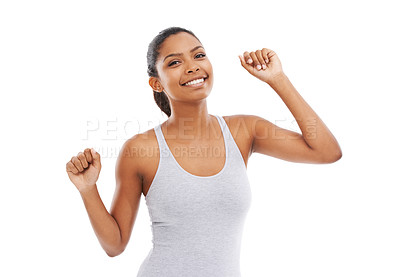 Buy stock photo Woman, portrait and fitness dance with a smile and confidence in a studio for exercise and training. Wellness, happy and female person with workout and music with white background and athlete