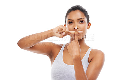 Buy stock photo Woman, wrong and cross finger with portrait for stop and protest hand sign for wellness and diet. Fitness, exercise and warning of athlete for weight loss and nutrition in studio and white background