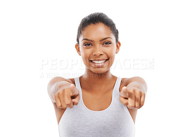 Buy stock photo Pointing to you, portrait and woman with choice, decision and wellness isolated on a white studio background. Person, hand gesture and model with options, feedback and opportunity with motivation