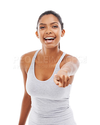 Buy stock photo Pointing to you, fitness and woman with portrait, excited and wellness isolated on white studio background. Person, hand gesture and model with exercise, decision and choice with motivation or smile