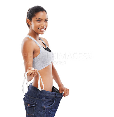 Buy stock photo Happy woman, portrait and measuring tape in weight loss or diet against a white studio background. Slim young female person or model smile for pants size, waist or health and wellness on mockup space