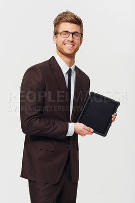 Buy stock photo Tablet screen, portrait and business man in studio with news, announcement or app presentation on white background. Digital, display and face of entrepreneur with platform offer for recruitment faq