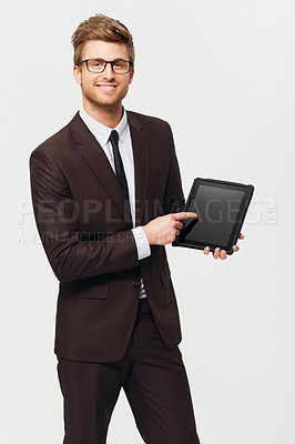 Buy stock photo Tablet screen, portrait and business man hand pointing to news, announcement or app presentation on studio white background. Digital, display or model face with platform offer for recruitment faq