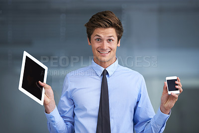 Buy stock photo Businessman, phone and tablet with portrait for business with choice, decision or deal for advertising. Entrepreneur, person or technology for communication, networking and research in office or work
