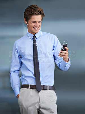 Buy stock photo Phone, music and happy business man listen to corporate podcast, radio song or streaming mp3 sound. Happiness, wellness and relax person, consultant or agent listening to headphone audio