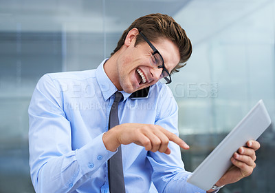 Buy stock photo Phone call, tablet and laughing business man reading funny meme, corporate joke or news article story. Cellphone communication, pointing and talking person laugh at online web info, media or email