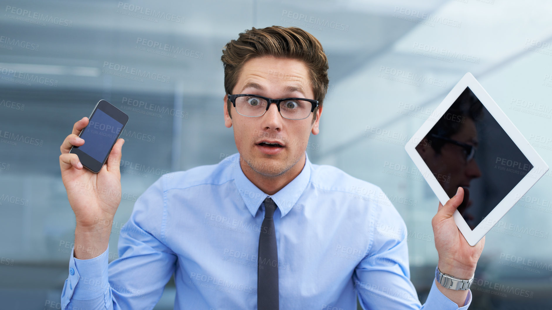 Buy stock photo Phone, tablet or business portrait of man with technology for research, communication or UI work. Emoji facial expression, confused and crazy person, professional consultant or agent with tech screen