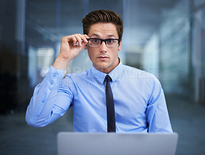 Buy stock photo Office, glasses and portrait of business man ready for online laptop research, ecommerce or working on financial banking analysis. Bank company, eyeglasses lens and person focus on finance accounting