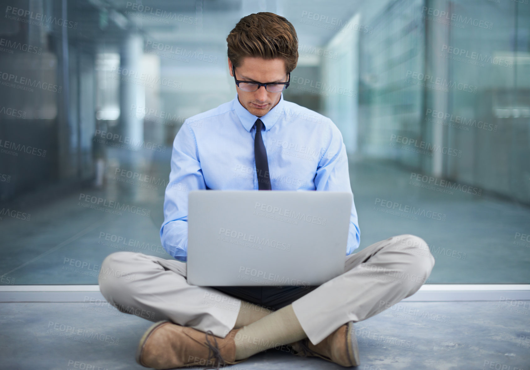 Buy stock photo Laptop, sitting on floor and business man or entrepreneur developer typing code data at remote work. Information technology, research and professional person working on computer for virtual project  