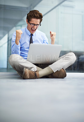 Buy stock photo Laptop, office celebration and happy man excited for winning, notification or company investment success. Winner, achievement and male person screaming, wow and celebrate online news announcement