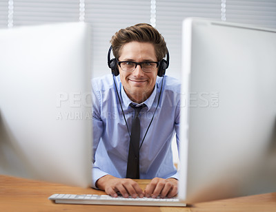 Buy stock photo Computer, office portrait and happy man, business agent or consultant working project, software system or tech report. Programmer, cybersecurity developer and person listening to music while coding