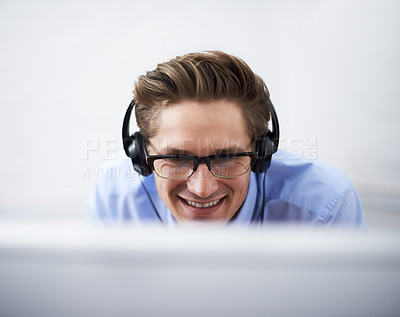 Buy stock photo Office computer, face and happy man reading, smile and happiness for script success, software code or IT work. Information technology, cybersecurity developer or closeup person listening to music
